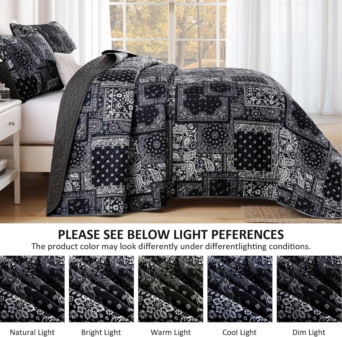 King Size Patchwork Quilt Set, Black Grey Bedspread with Paisley Floral Design, Soft Microfiber 110"x90"