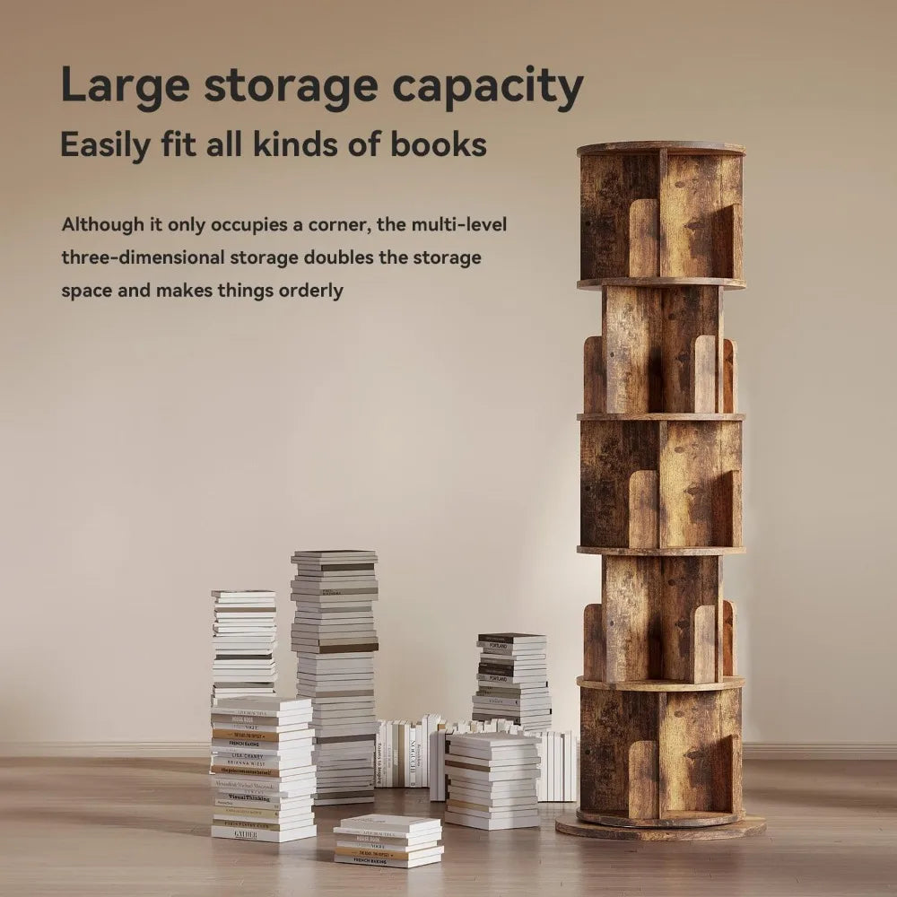 Exclusive Rotating Bookshelf, 360 Display 5 Tier, Small Corner Bookshelf for Small Space, Floor Standing Bookcase Storage Rack,