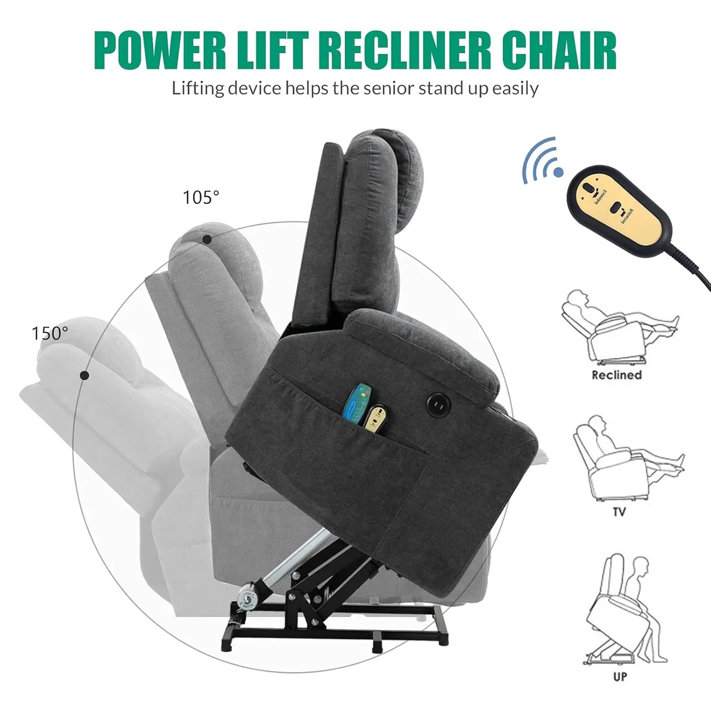 Power Lift Chair Electric Recliner for Elderly Heated Vibration Massage Fabric Recliner Chair with 2 Remote, Customized