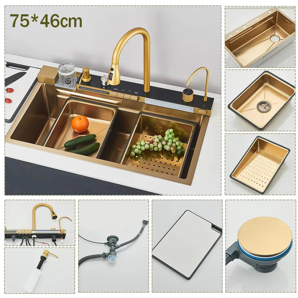 304 Stainless Steel Kitchen Waterfall Sink Digital Display Large Single Sink Dish Basin Sink With Multifunction Touch Waterfall