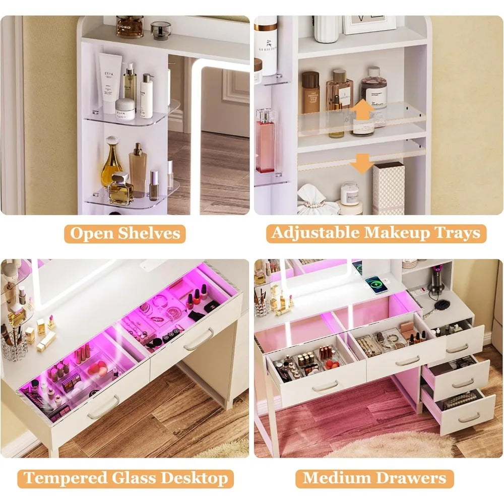 43" Glass Top Vanity Desk with LED Mirror RGB Drawers Wireless Charging 3 Color Lights Power Outlet Bedroom, Customized