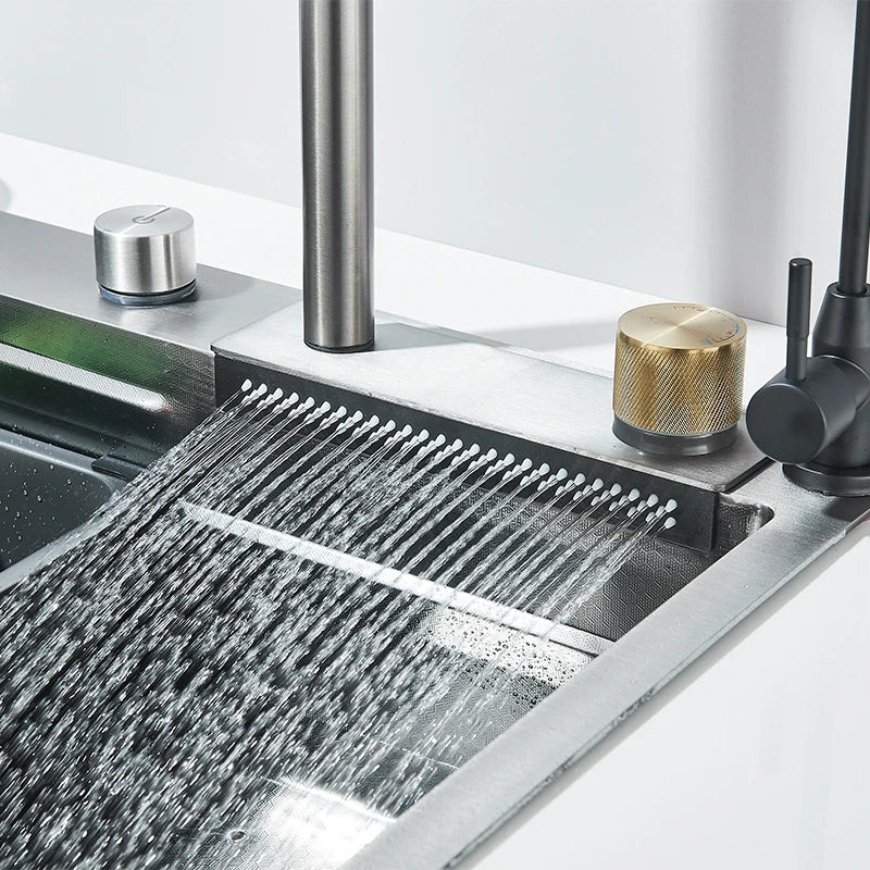 Multifunction 304 Stainless Steel Gray/Brushed Nickel Kitchen Sink Waterfall Faucet Large Single Bowl Cup Washer Pure Tap