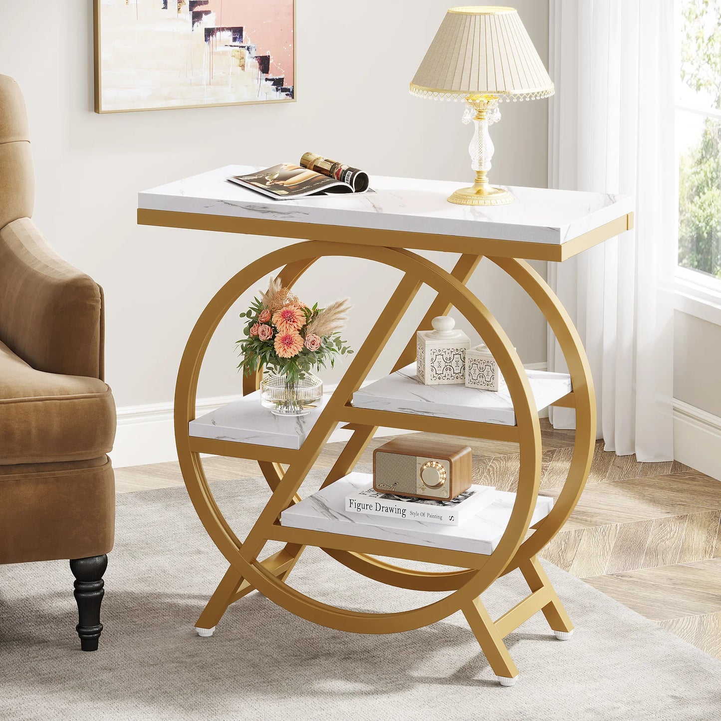 Tribesigns End Table for Living Room, 3-Tier Narrow Side Table with Storage, Wood Sofa Side Table with Geometric Metal Frame