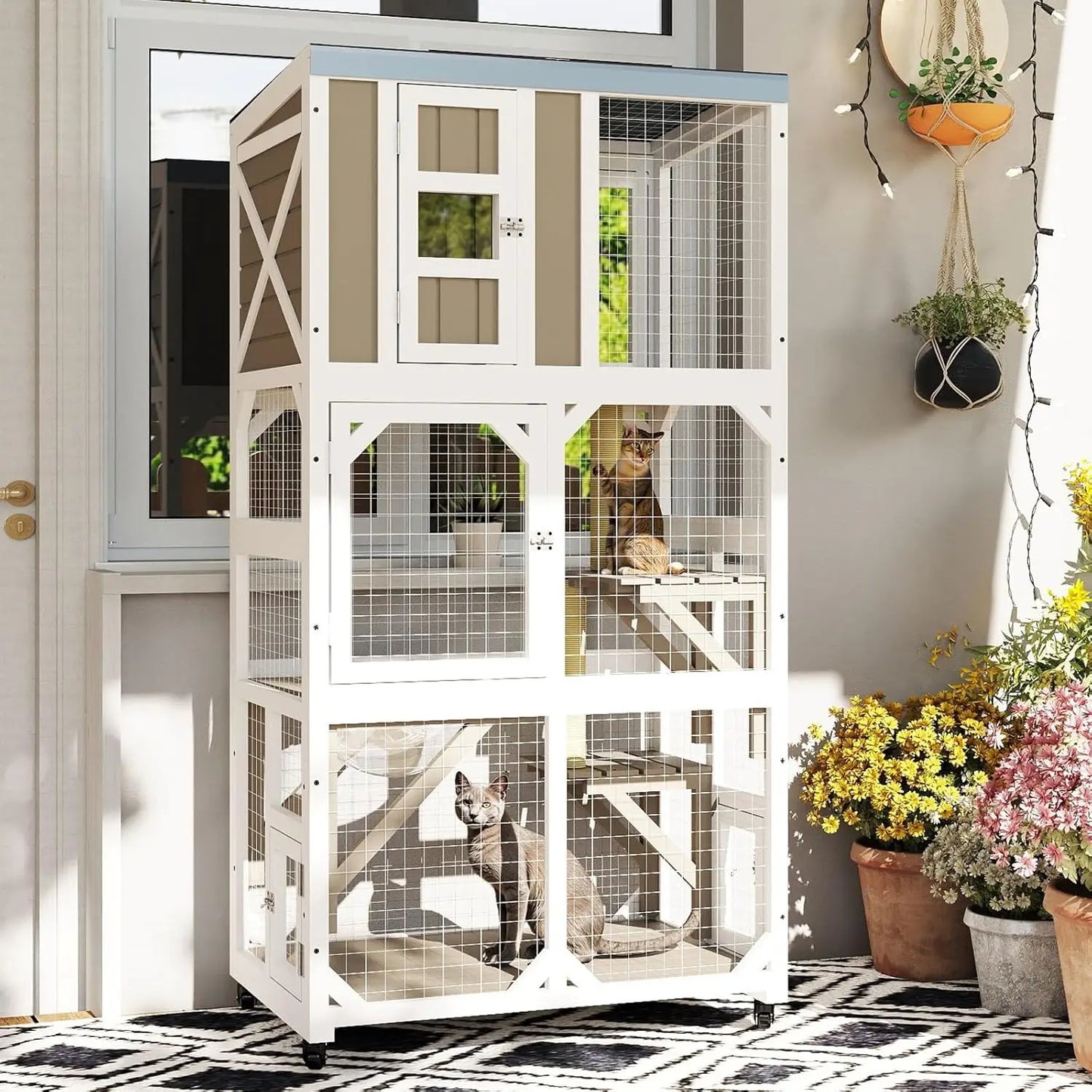 64" Large Wooden Catio Outdoor Cat Enclosure, Window Cat House with Wheels & 3 Platforms, Kitty Cage with, Customized