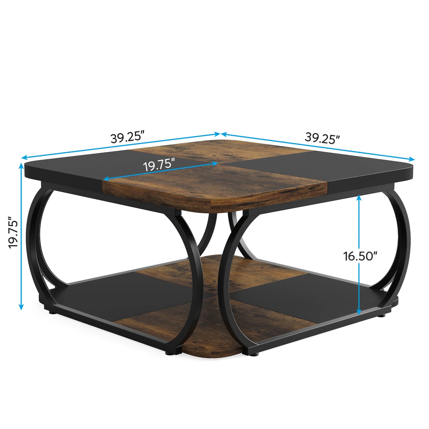 Tribesigns Square Coffee Table with 2 Tiers, 40 inches Low Farmhouse Coffee Table with Wood Storage Shelf Heavy Duty Metal Curve
