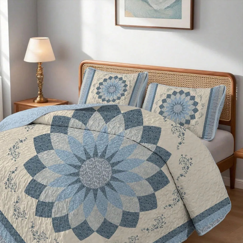 2/3 Pieces Elegant Blue Floral Print Quilt Set(1 Quilt + 1/2 Pillowcases), 100% Polyester Material Is More Breathable In Summer