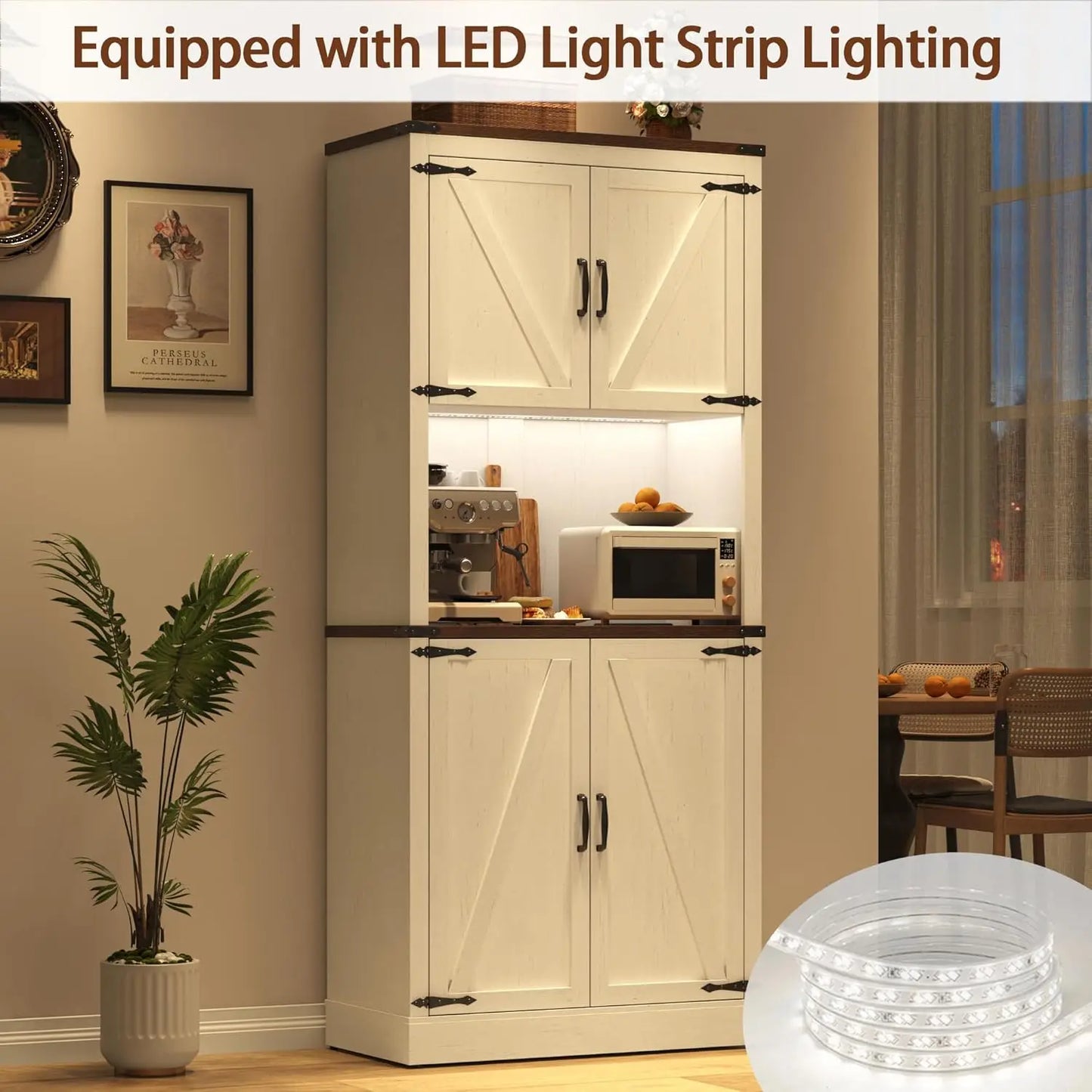 72" Tall Farmhouse Kitchen Pantry Cabinet with LED Light and Power Outlet,Modern Farmhouse Kitchen Storage Cabinet w, Custom