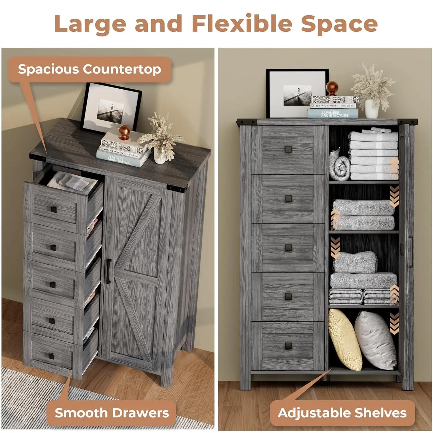Farmhouse Dresser Storage Cabinet for Bedroom, 5 Drawer Dresser with Barn Door, 48 Inch Tall Grey Wood Chest, Customized