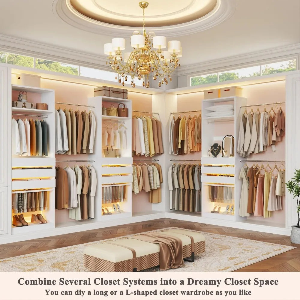 Closet System, 4-8FT Closet Organizer with 3 Wood Drawers & Glass Top, 102'' Walk in Closet with 5 Hang Rods，Customized