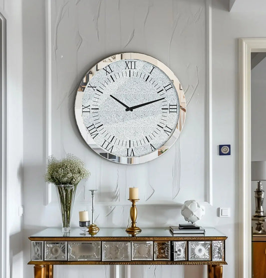 Crystal Crushed Diamond Mirrored Round Wall Clock for Wall Decoration Silver Glass Mirror Clock Sparkle Twinkle Bling Home Decor
