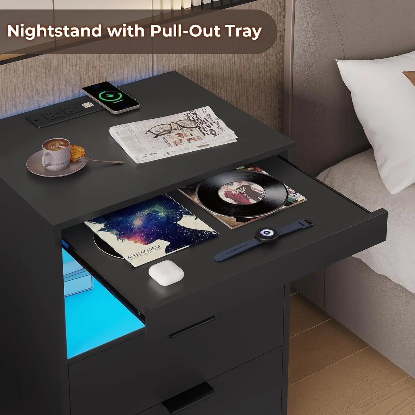 LED Nightstand Black Nightstand with Wireless Charging Station 2 Drawers, Modern Bedroom End Side Table with LED, Customized