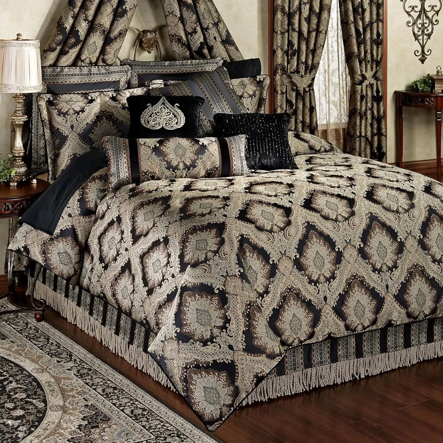 Fenmore Damask Medallion Oversized Luxury Bedding | Rich Black Taupe Silver Gray Wheat Almond | 4 Piece Comforter, Customized
