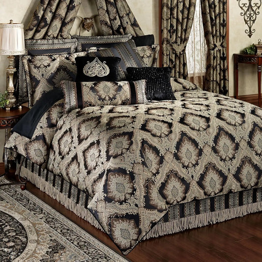 Fenmore Damask Medallion Oversized Luxury Bedding | Rich Black Taupe Silver Gray Wheat Almond | 4 Piece Comforter, Customized