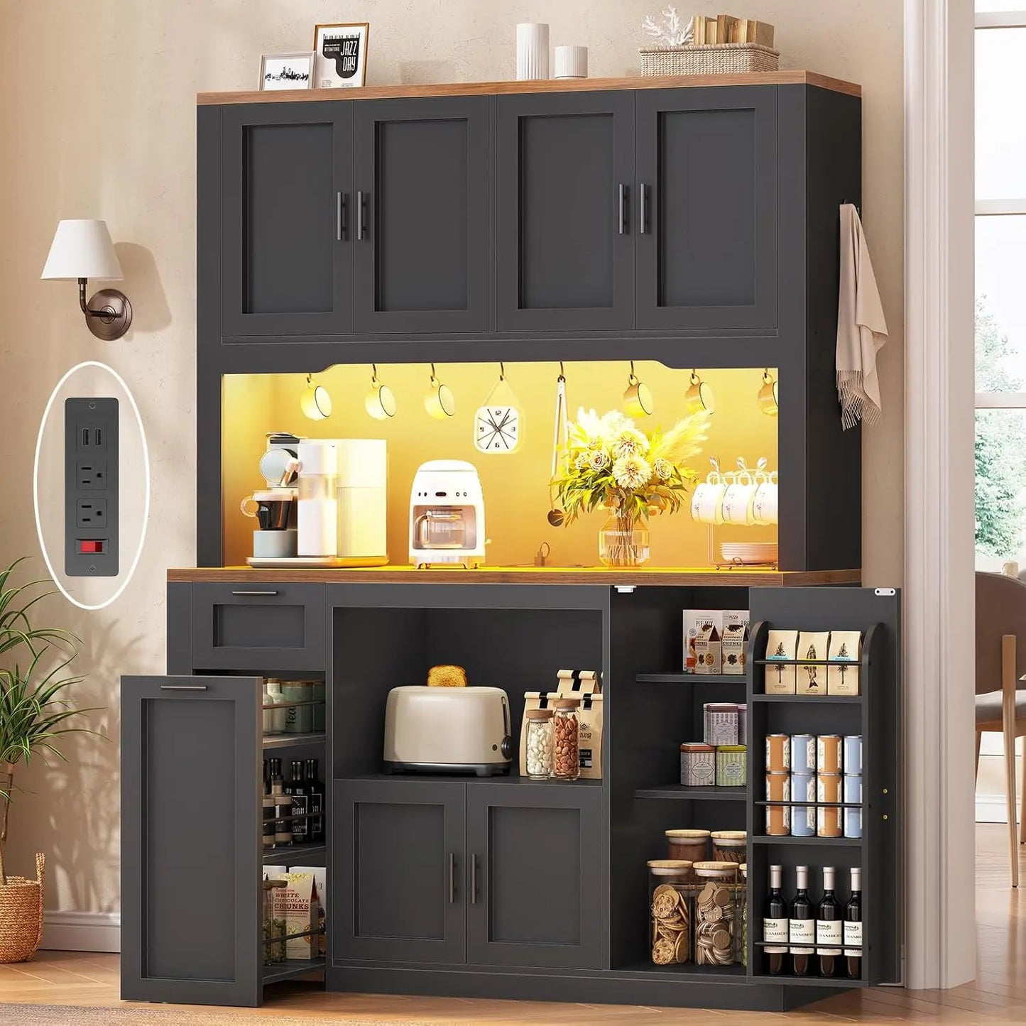 71 Inch Wide Pantry Cabinet with Charging Station And LED Light Kitchen Storage with Microwave Stand Design，Customized