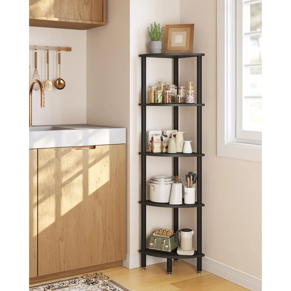 5 Tier Corner Shelf Stand,Industrial Corner Display Rack,Corner Bookshelf for Living Room, Bedroom, Kitchen, Home Office, Black