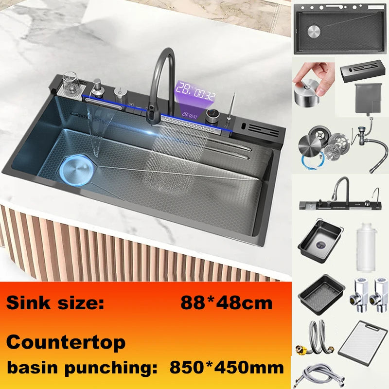 Stainless Steel Kitchen Sink Large Single Slot Multifunctional Waterfall Digital Display Faucet Wash Dish Bowl Undermount Basin