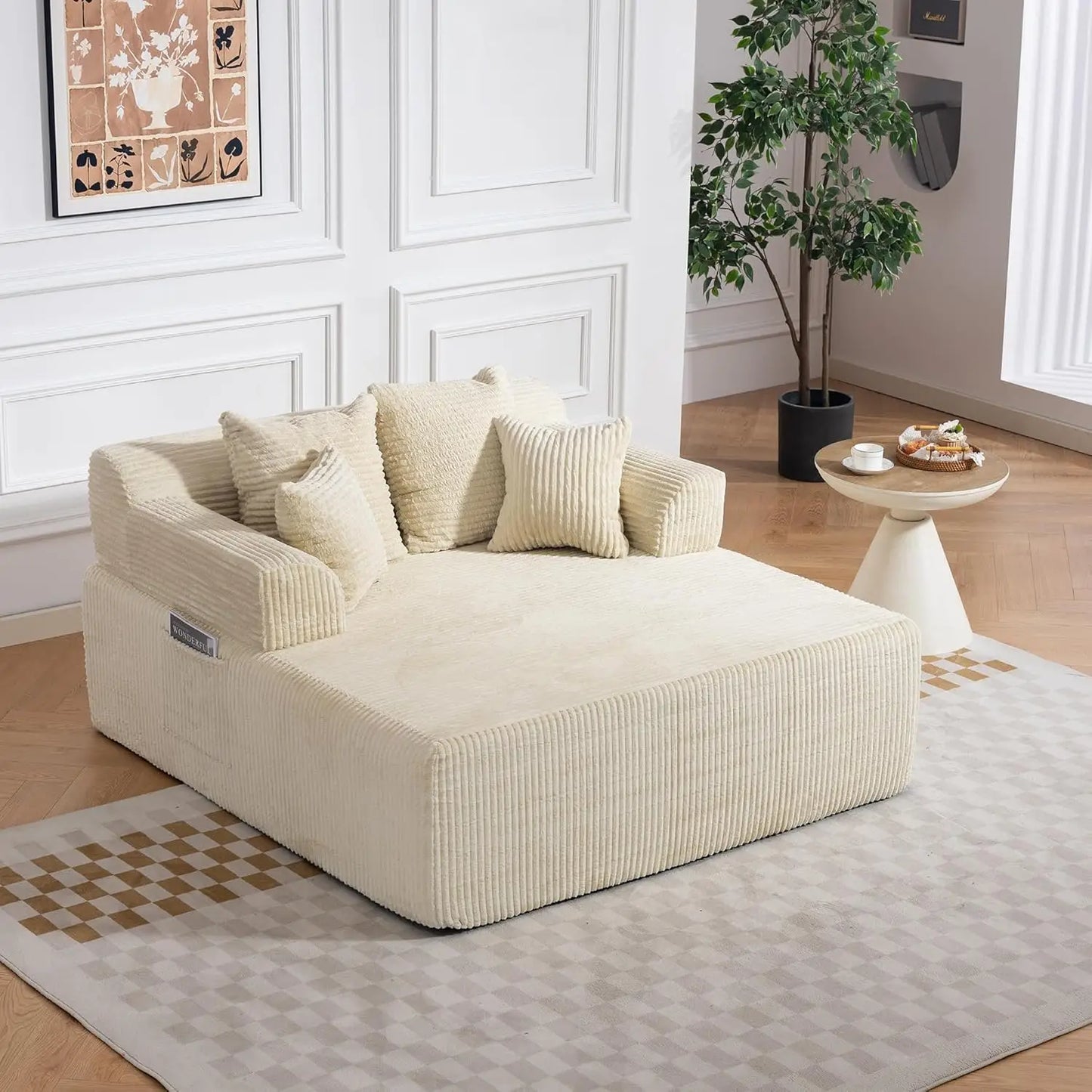 58" Oversized Boneless Chair, Corduroy Lounge Chaise Chair Indoor Sleeper Sofa Bed with Arms and 4 Pillows, No, Customized