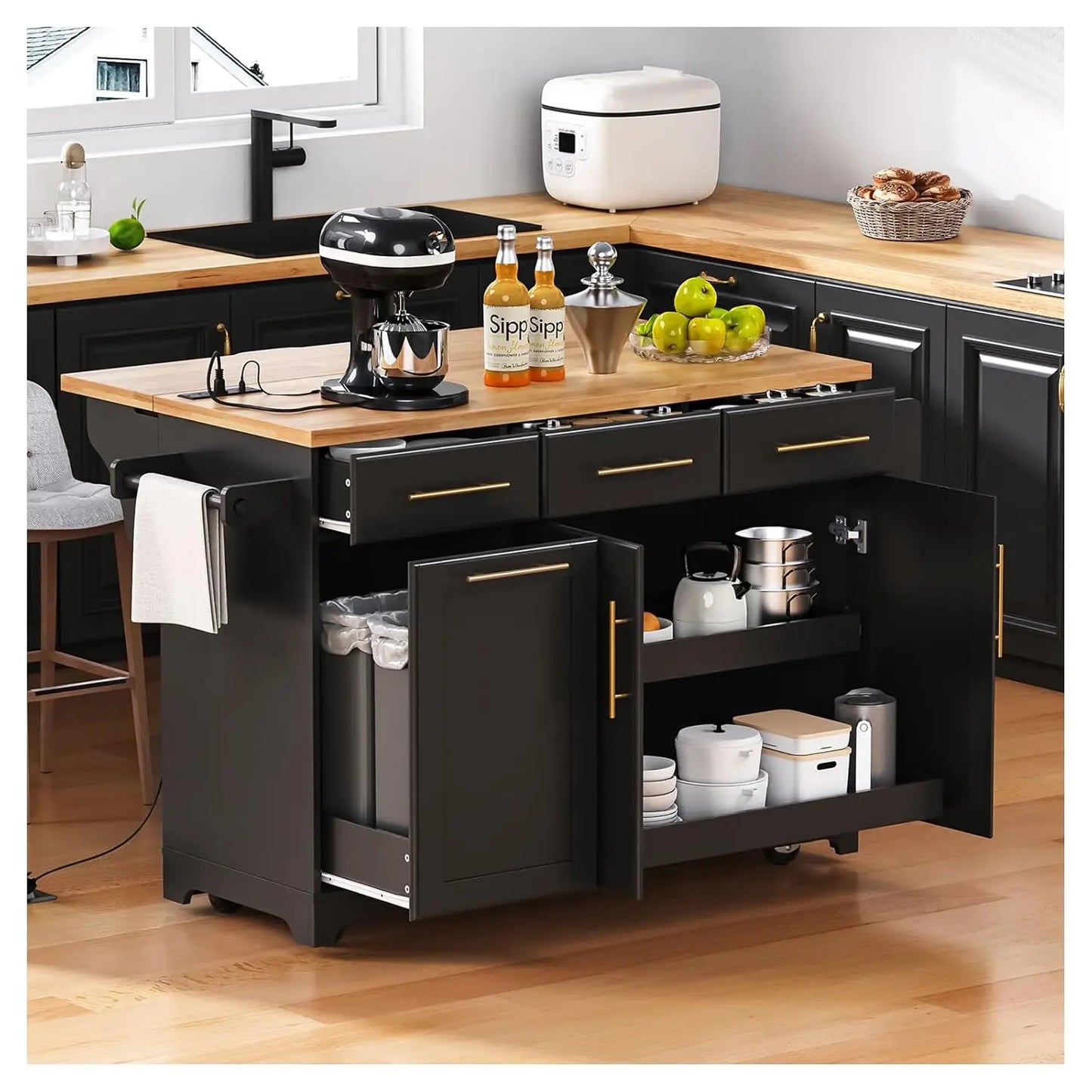 53" Rolling Kitchen Island, Drop Leaf & Power Outlet, 3 Drawers & 2 Cabinets, Mobile Kitchen Cart on 5 Lockable Wheels,, Custom