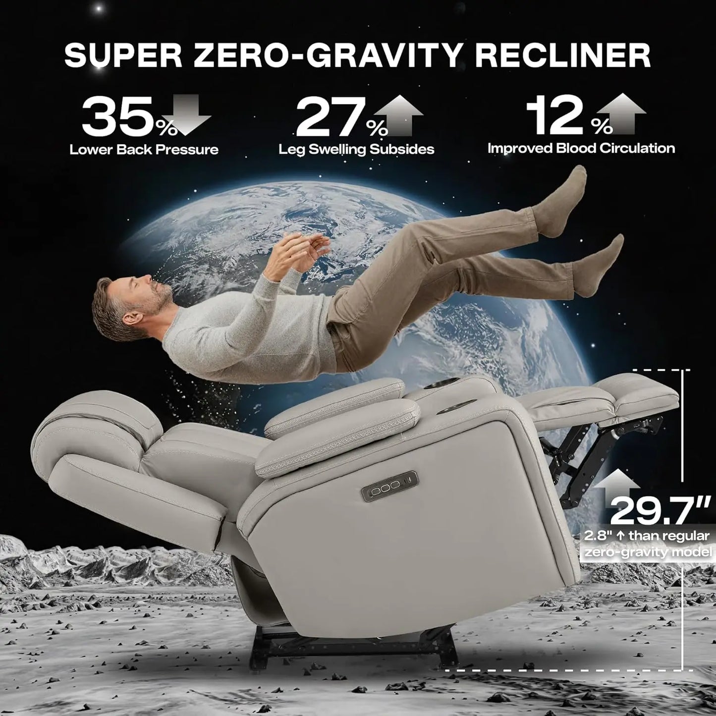 Super Zero Gravity Recliner Chair, Oversized Genuine Leather Electric Recliner W Power Adjustable Headrest & Lumbar, Customized