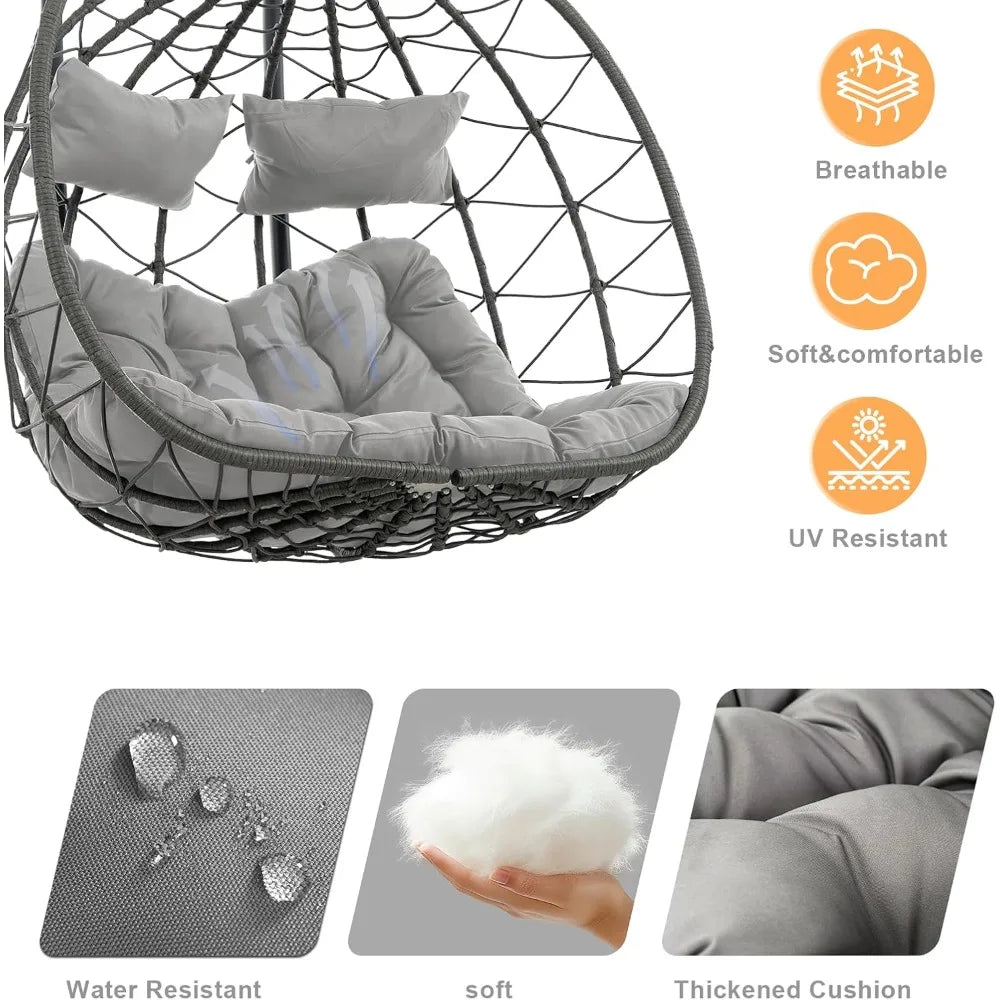 2-person Double Egg Swing Chair, Outdoor Hammock Egg Chair, Terrace Wicker Egg Chair with Cushion