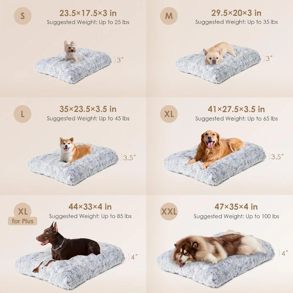 Extra Large Fluffy Dog Crate Bed Plush Faux Fur Calming Anti Anxiety Washable Soft Warm Mat Non-Slip Bottom Grey