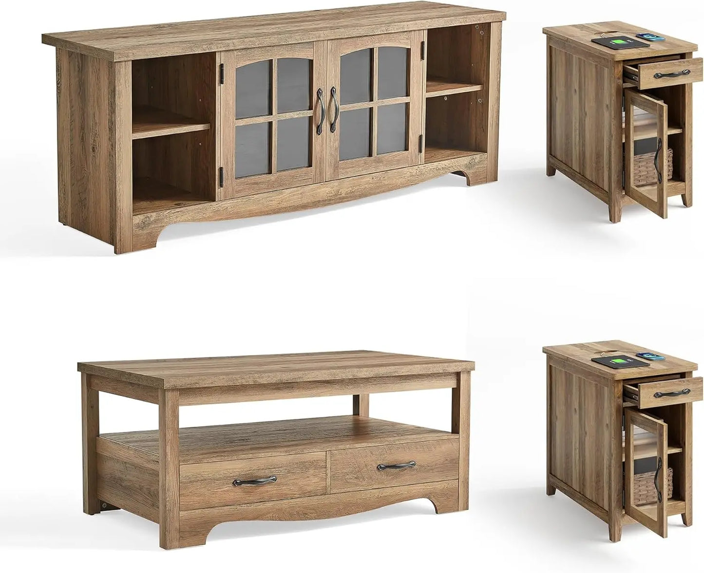 Living Room Table Sets 4 Piece with TV Stand, Farmhouse TV Stand for 65 Inch TV,  Two End Table with Charging Station, Brown