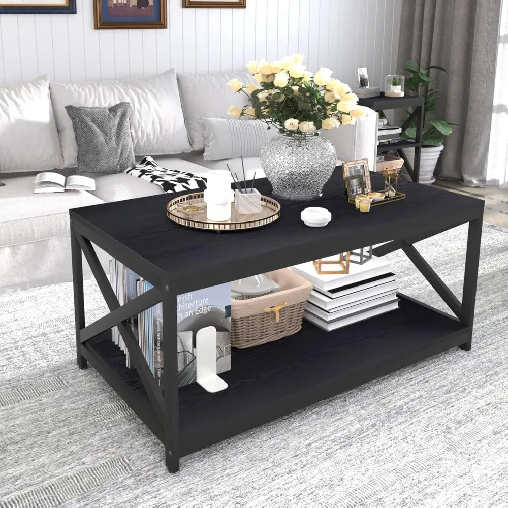 Living Room Coffee Table Set of 3, Industrial X-Design Coffee Table and 2 End Side Tables, 3 Piece Living Room Table Set