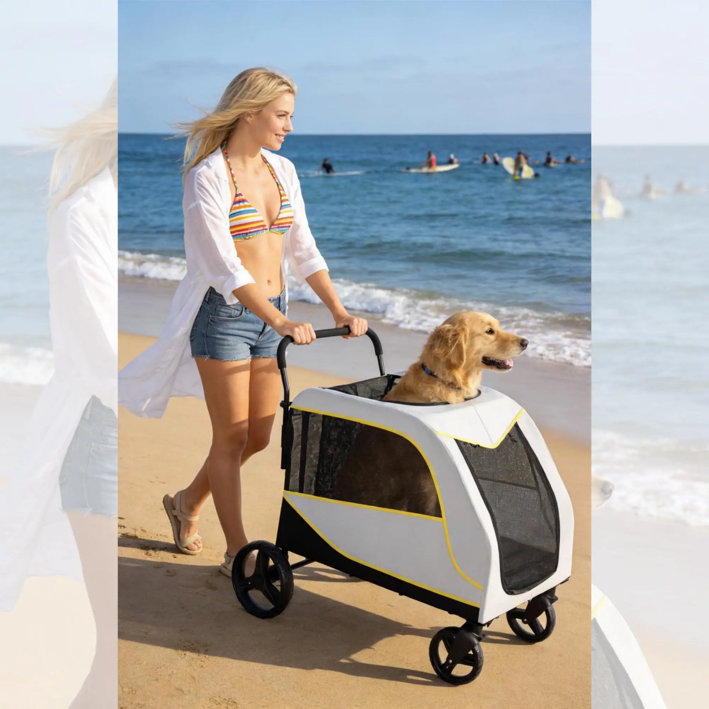 Dog Stroller for Large and Medium Dogs, Easy-Fold Dual Entry Pet Wagon with One-Foot Brake, All-Terrain Cart with Air Mesh