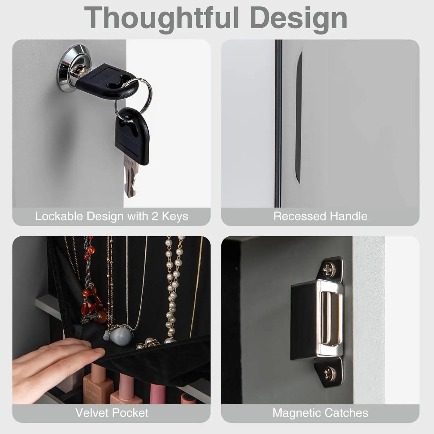 Wall Door Mounted Jewelry Armoire with 47.5 Full Length Mirror & 2 LED Lights, Large Storage Capacity, Lockable Mirror