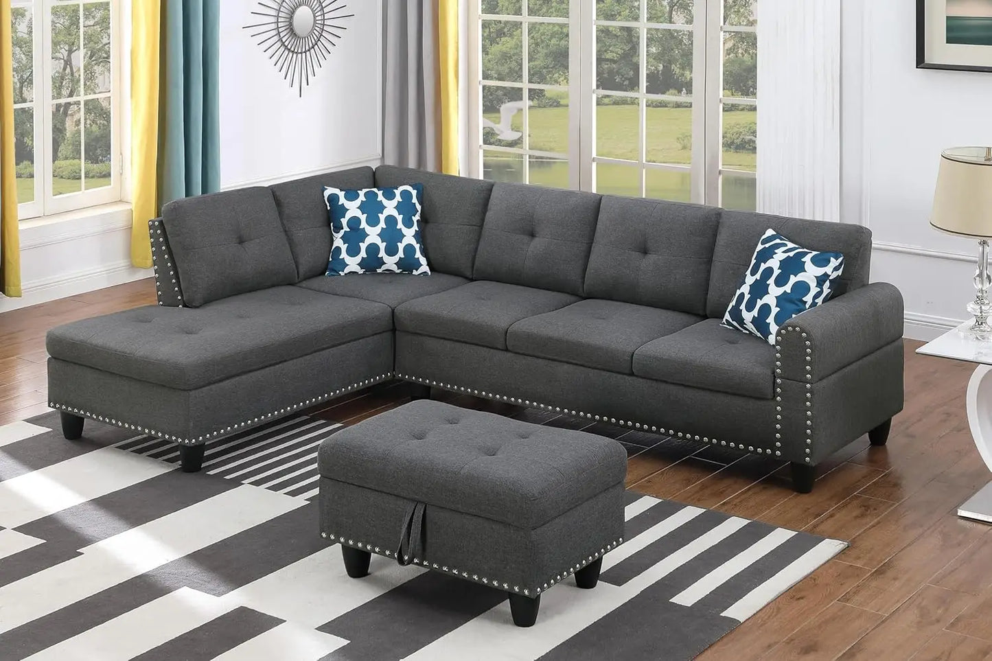 Sectional Sofa Couch, Modern 4-Seaters Living Room Furniture Sets with Chaise Lounge, Ottoman & 2 Pillows, Black