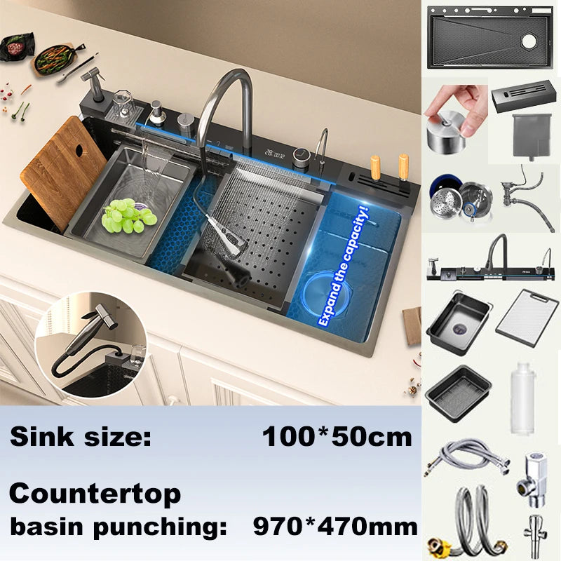 Stainless Steel Kitchen Sink Large Single Slot Multifunctional Waterfall Digital Display Faucet Wash Dish Bowl Undermount Basin