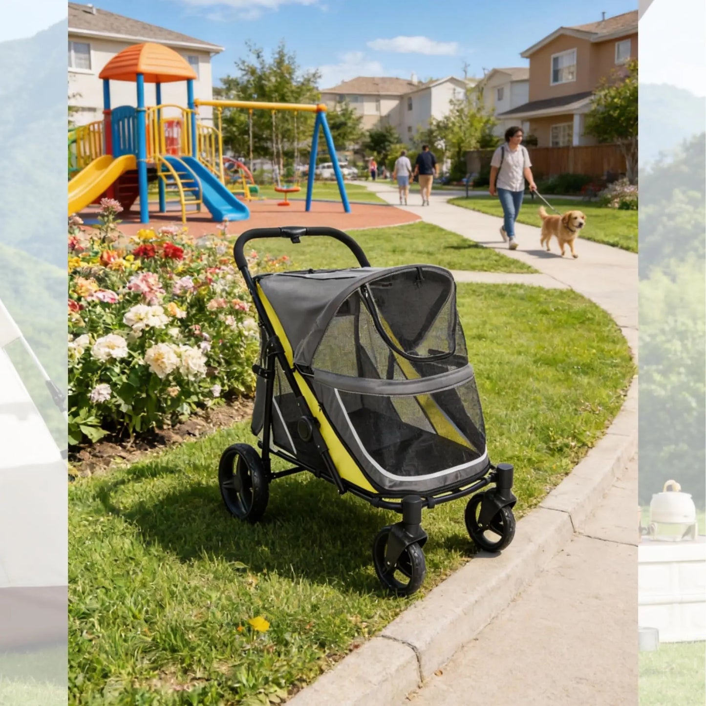 Dog Stroller for Large and Medium Dogs, Easy-Fold Dual Entry Pet Wagon with One-Foot Brake, All-Terrain Cart with Air Mesh