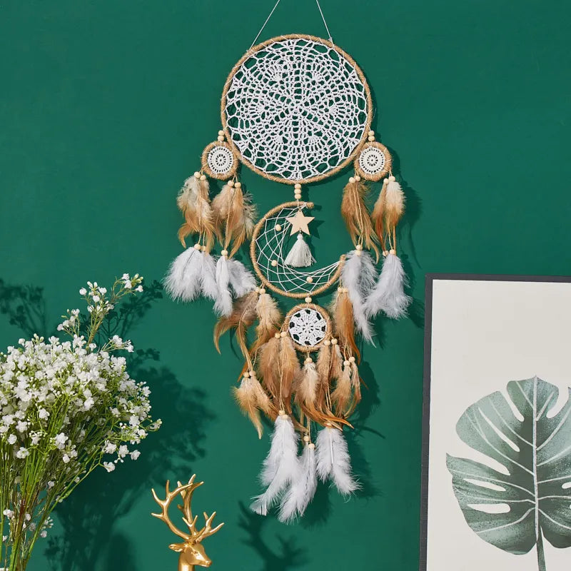 5-piece large Dream Catcher, handcrafted Moon Dream Chaser, Bohemian wall decoration Moon and Sun Sweet Dream Bedside decoration