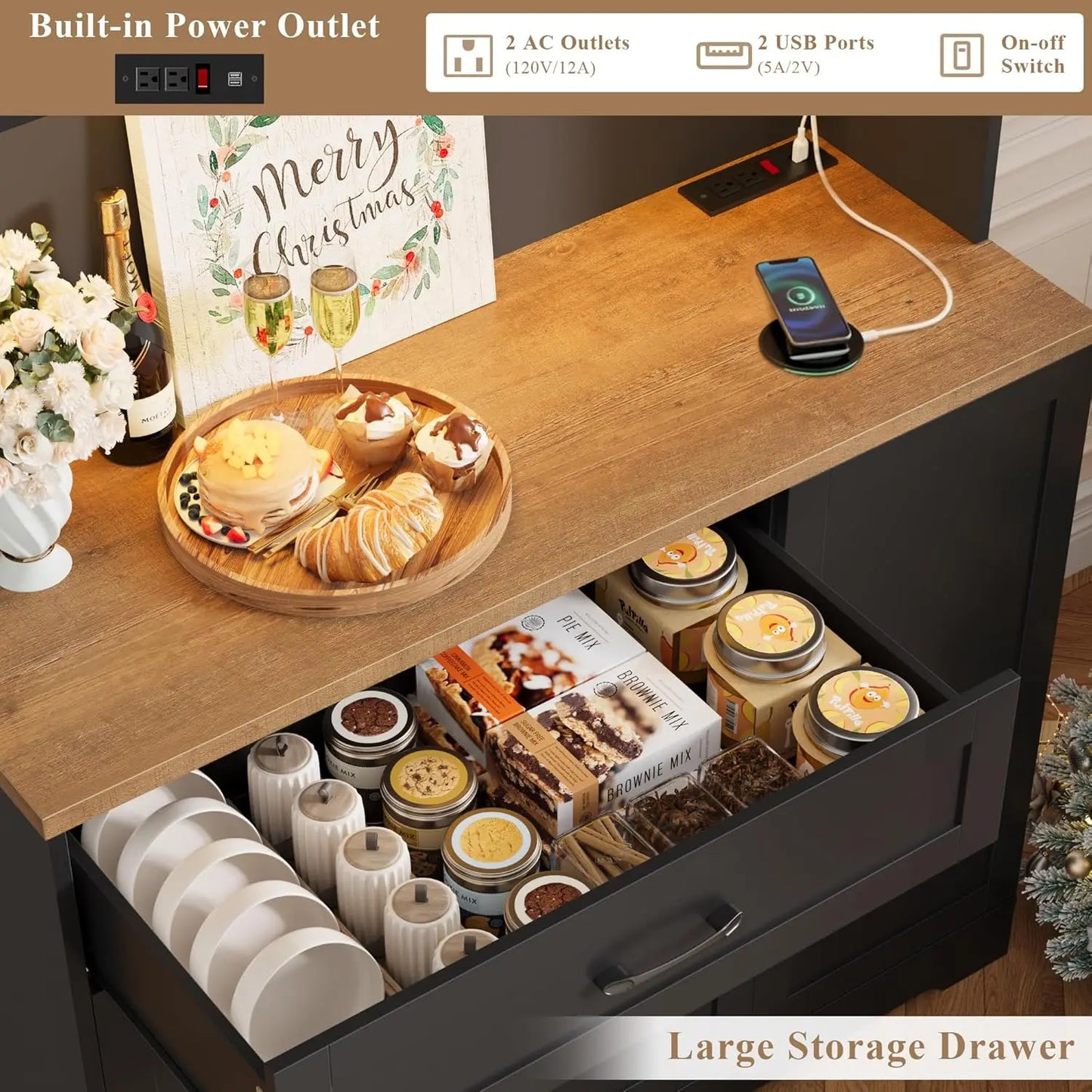 71" LED Kitchen Pantry Cabinet with Power Outlet, Tall Hutch Storage Cabinet with Microwave Stand & 6 Door Shelves,, Customized