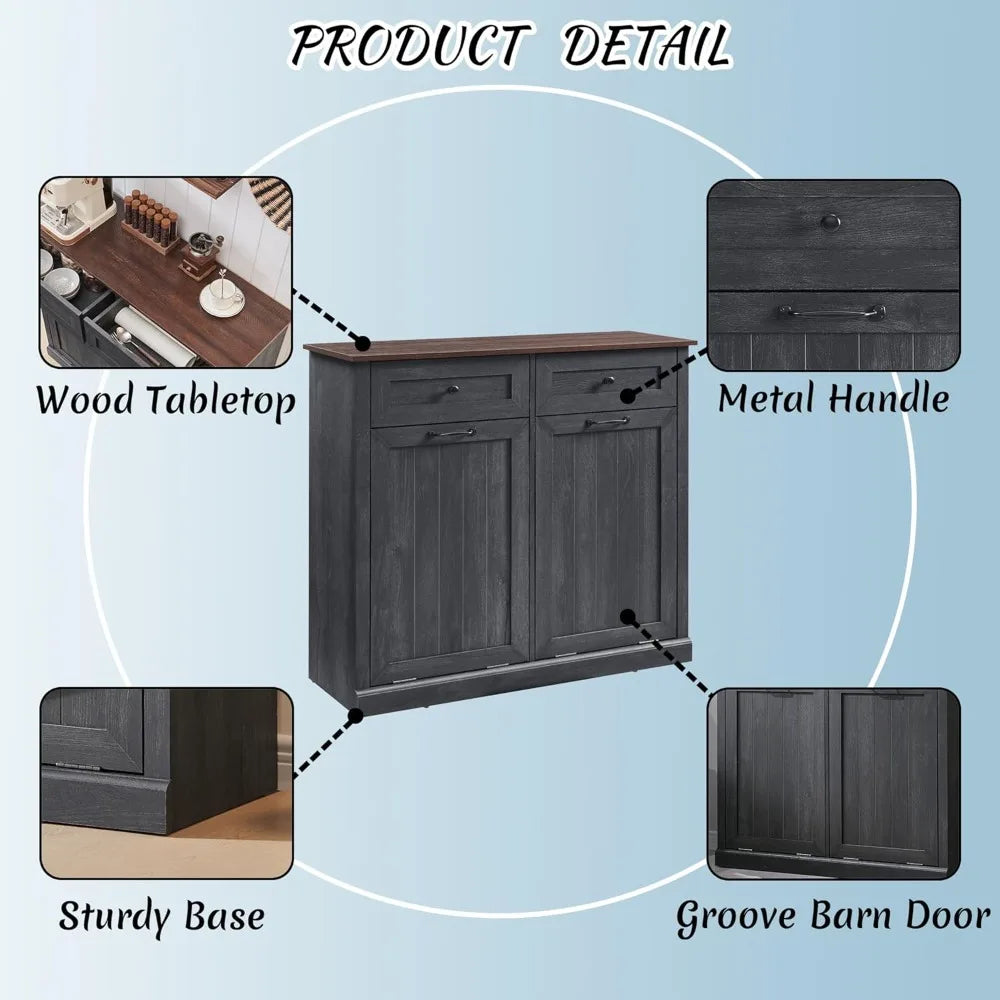 Double Tilt Out Laundry Hamper Cabinet, 20 Gallon Farmhouse Trash Can Cabinet with Drawer, Hidden Wood Garbage Can Bin Cabinet w