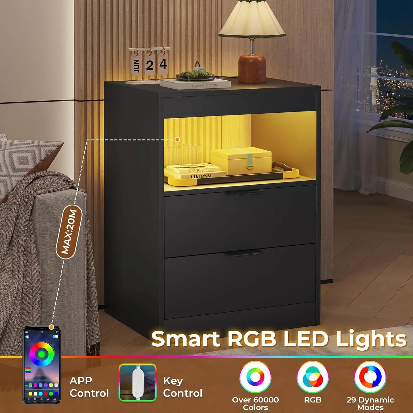 LED Nightstand Black Nightstand with Wireless Charging Station 2 Drawers, Modern Bedroom End Side Table with LED, Customized