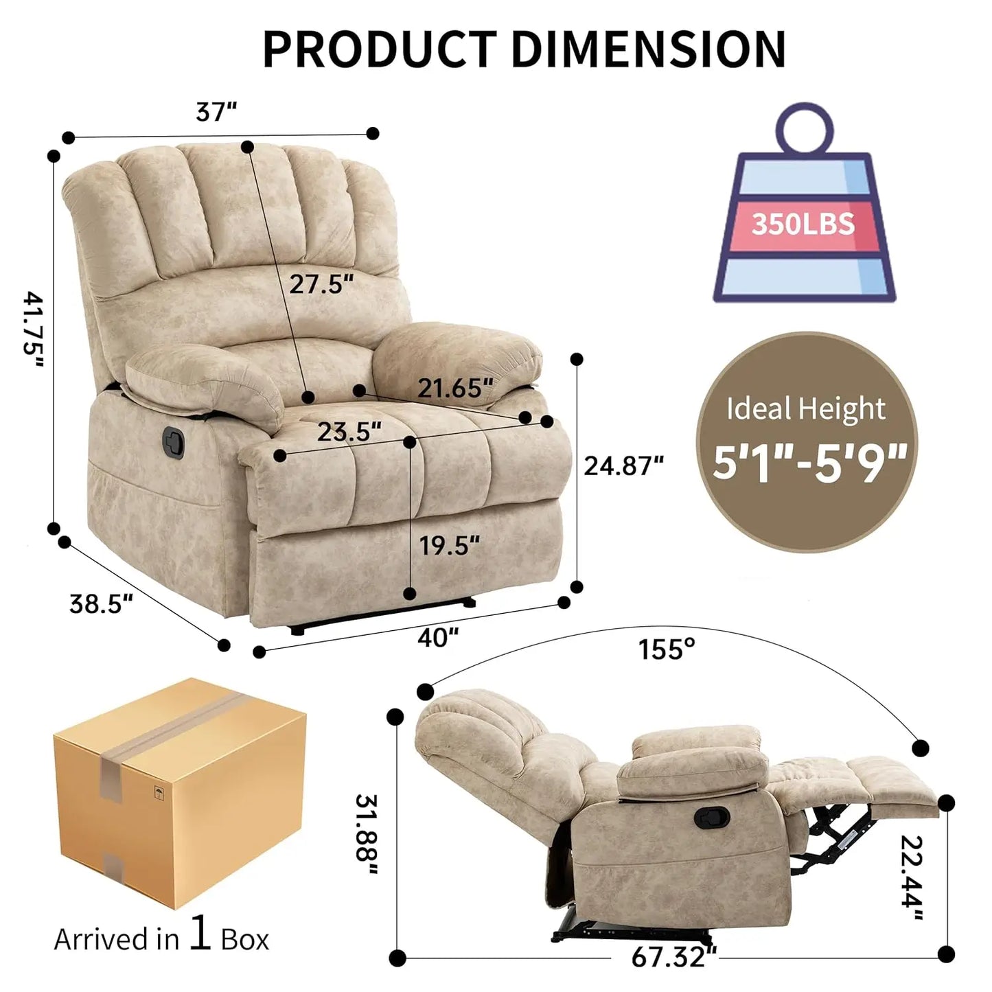 Manual Recliner Chair for Living Room, Single Sofa Recliners for Adults 350LBS, Heavy Duty Reclining Max 155, Customized