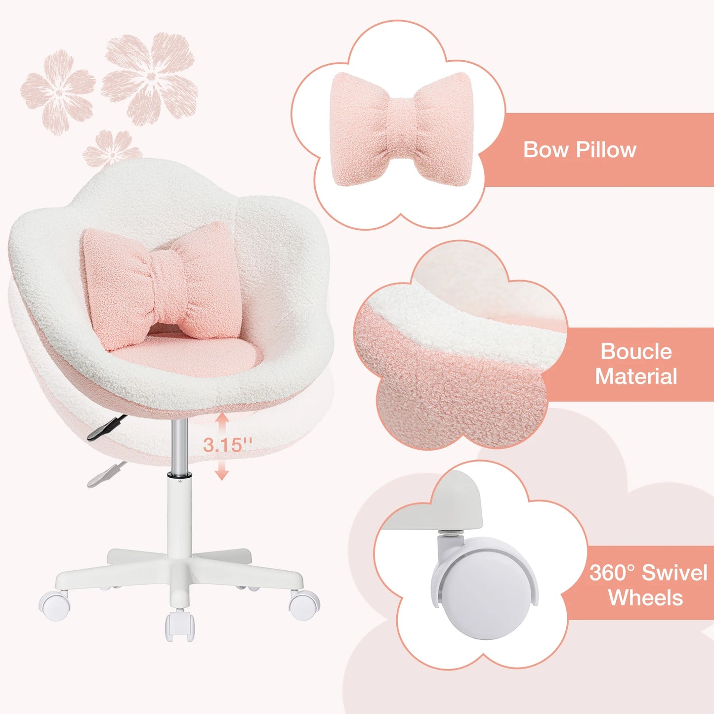 Kids Desk Chair Ergonomic Flower Study Chair Boucle Swivel Kids Computer Chair Adjustable Height Cute Children Desk Chair