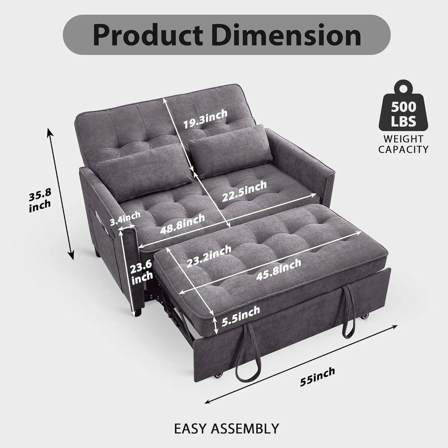 Convertible 3 in 1 Pull Out Sofa Bed Loveseat Sleeper Couch with Side Pocket Adjustable Living Room Furniture, Customized