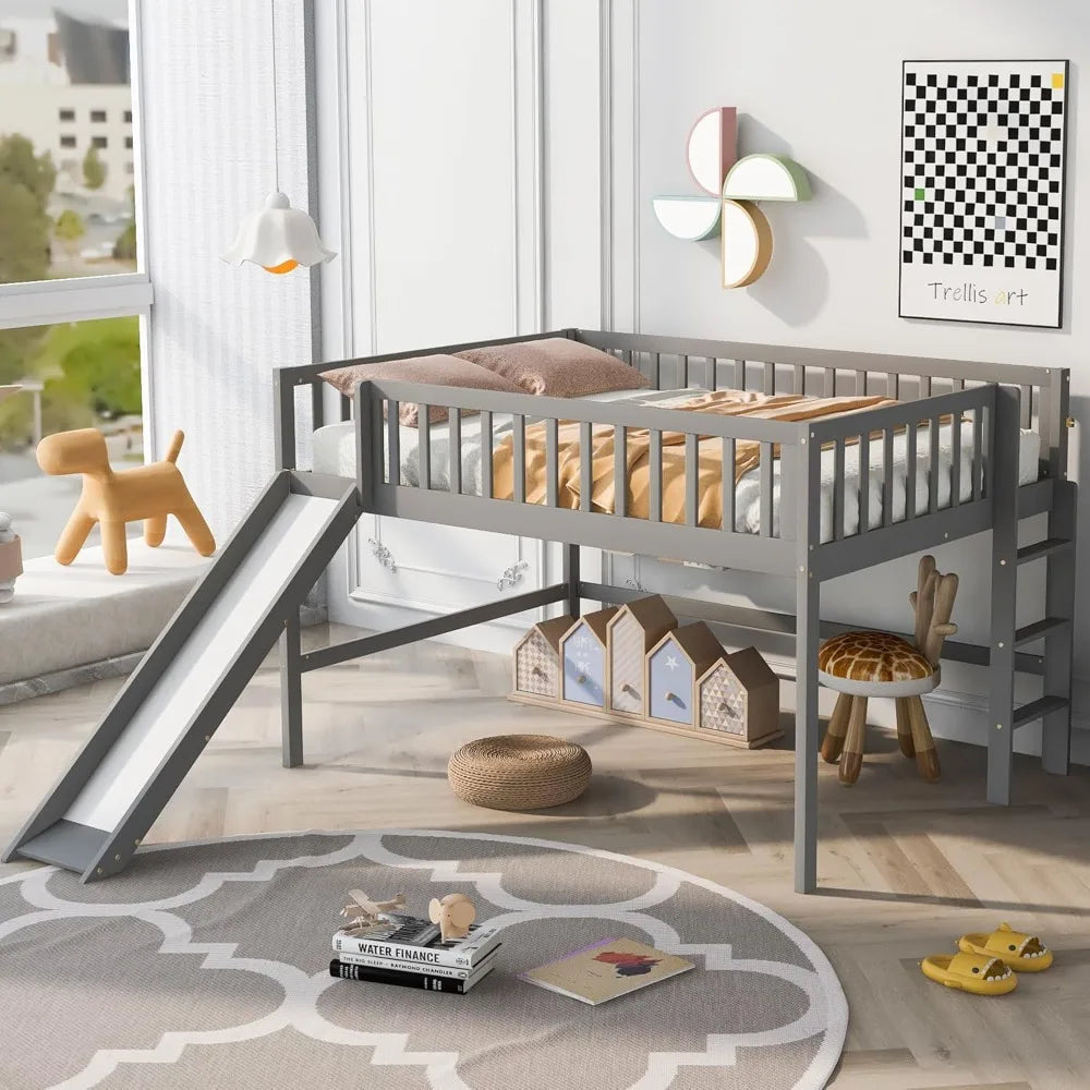 Full Size Low Loft Bed with Slide, High Guardrail & Ladder, Loft beds with Safety Rails, Wooden Full Loft Bed Frame for Kids, Bo