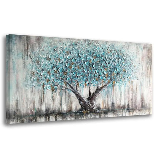Arjun Tree of Life Wall Art Canvas for Living Room Blue Tree Nature Teal Painting, 50 Hand Painted Textured Picture Bedroom Pan