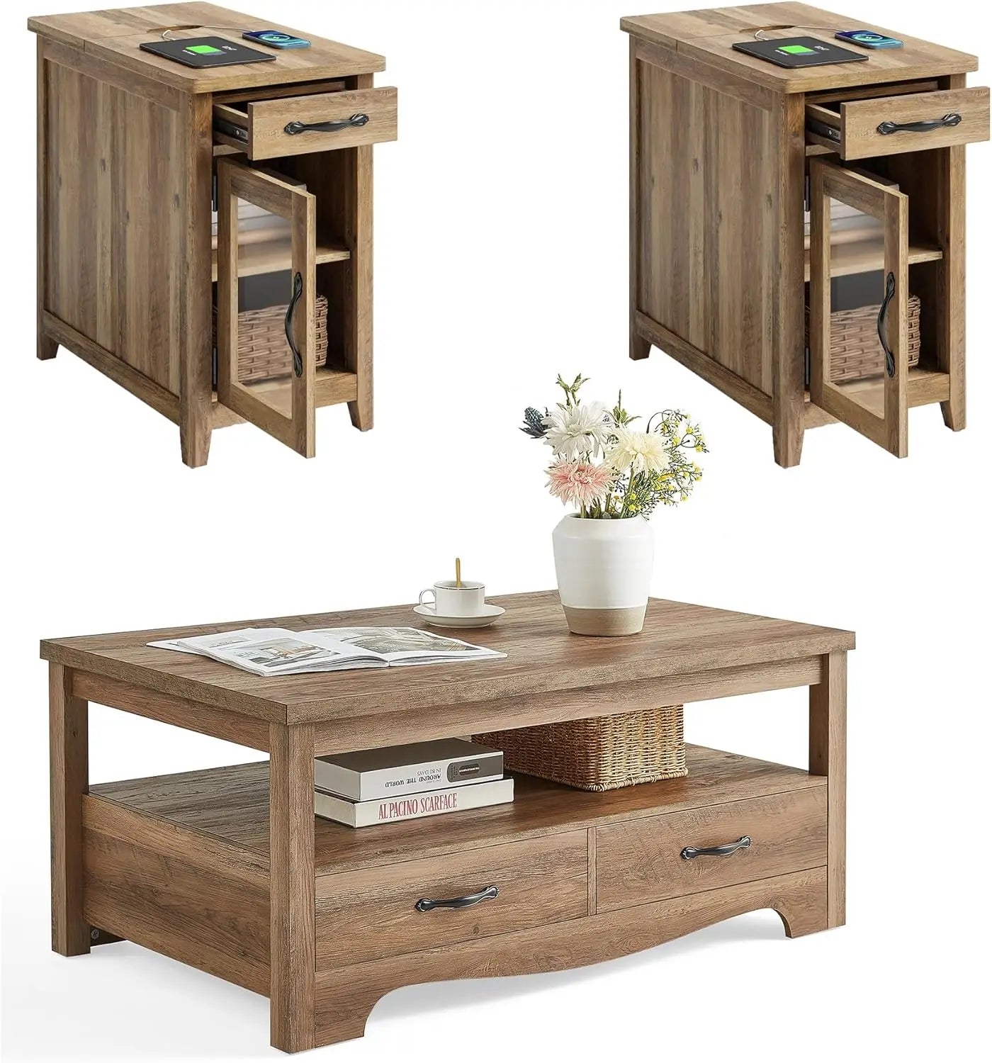 Farmhouse Coffee Table Sets 3 Pieces, Wood Living Room Table Set Include 41" Coffee Table, End Table Set of 2