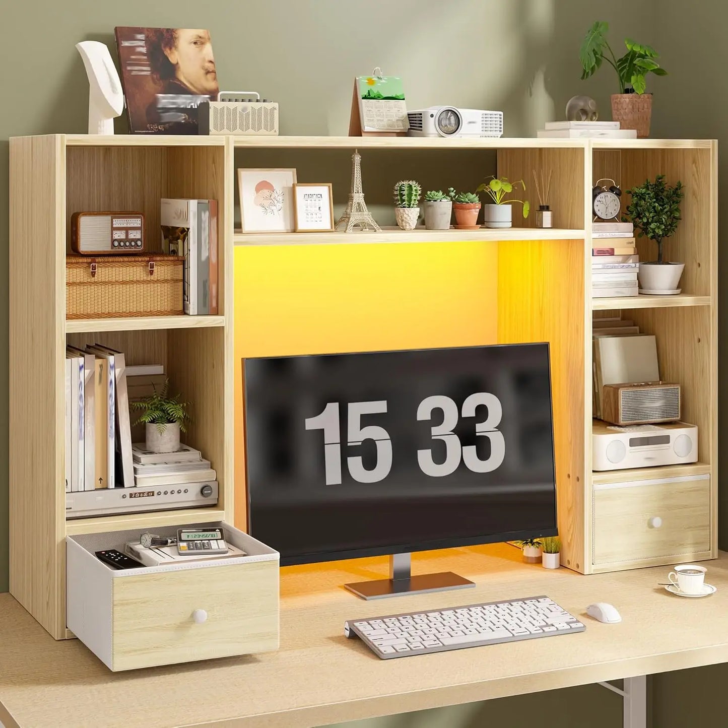Desktop Bookshelf with LED Lights,47.2" Desktop Organizer with 6 Shelves and 2 Drawers for Top of Desk,Multipurpose, Customized
