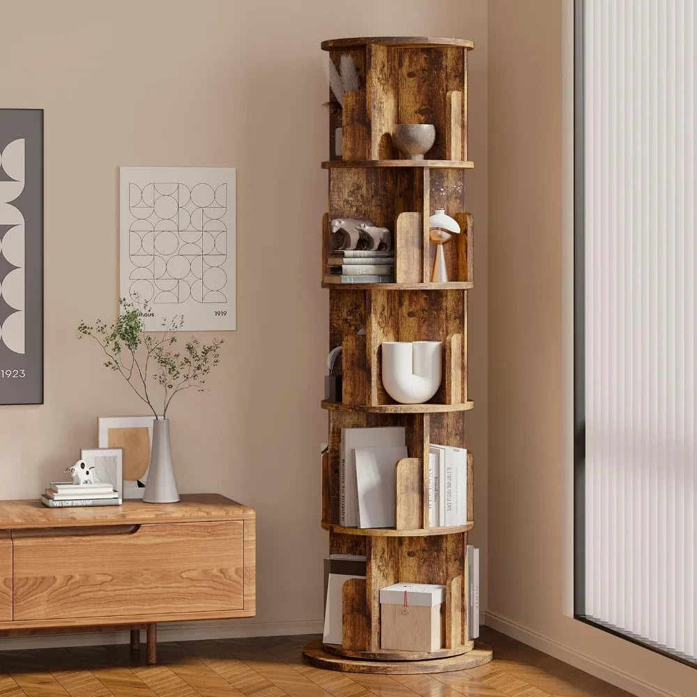 Exclusive Rotating Bookshelf, 360 Display 5 Tier, Small Corner Bookshelf for Small Space, Floor Standing Bookcase Storage Rack,