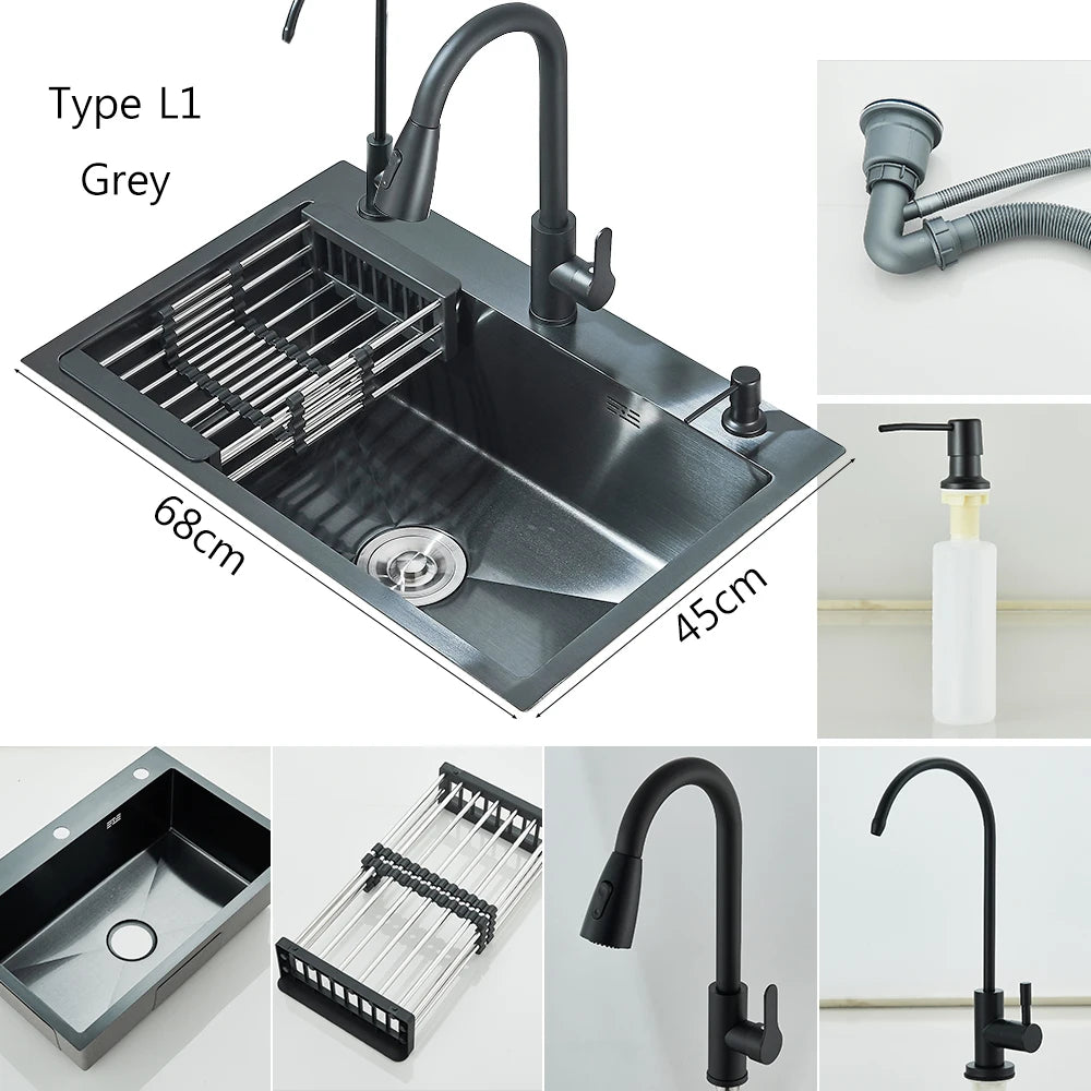 Brushed Nickel Stainless Steel Kitchen Sinks Recessed Sinks Kitchen Taps Sinks with Drains Kitchen Faucet Sink Sets