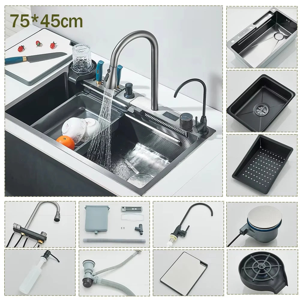 304 Stainless Steel Kitchen Waterfall Sink Digital Display Large Single Sink Dish Basin Sink With Multifunction Touch Waterfall