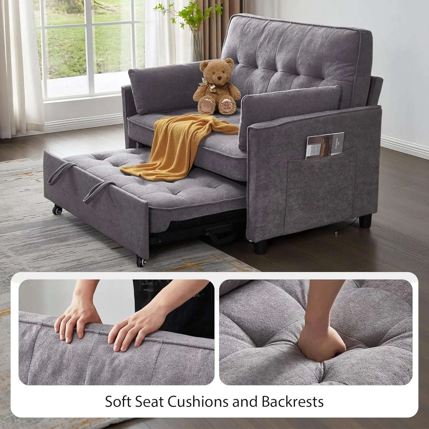 Convertible 3 in 1 Pull Out Sofa Bed Loveseat Sleeper Couch with Side Pocket Adjustable Living Room Furniture, Customized