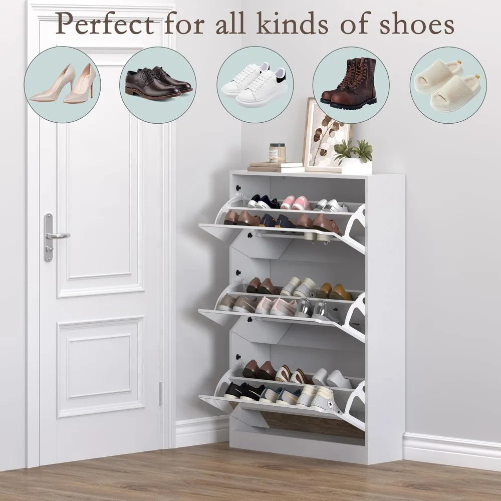 Shoe Cabinet with 3-Flip Mirror Drawers, Freestanding Shoe Rack Organizer with Hidden Handle, Slim Narrow Shoe Storage Cabinet