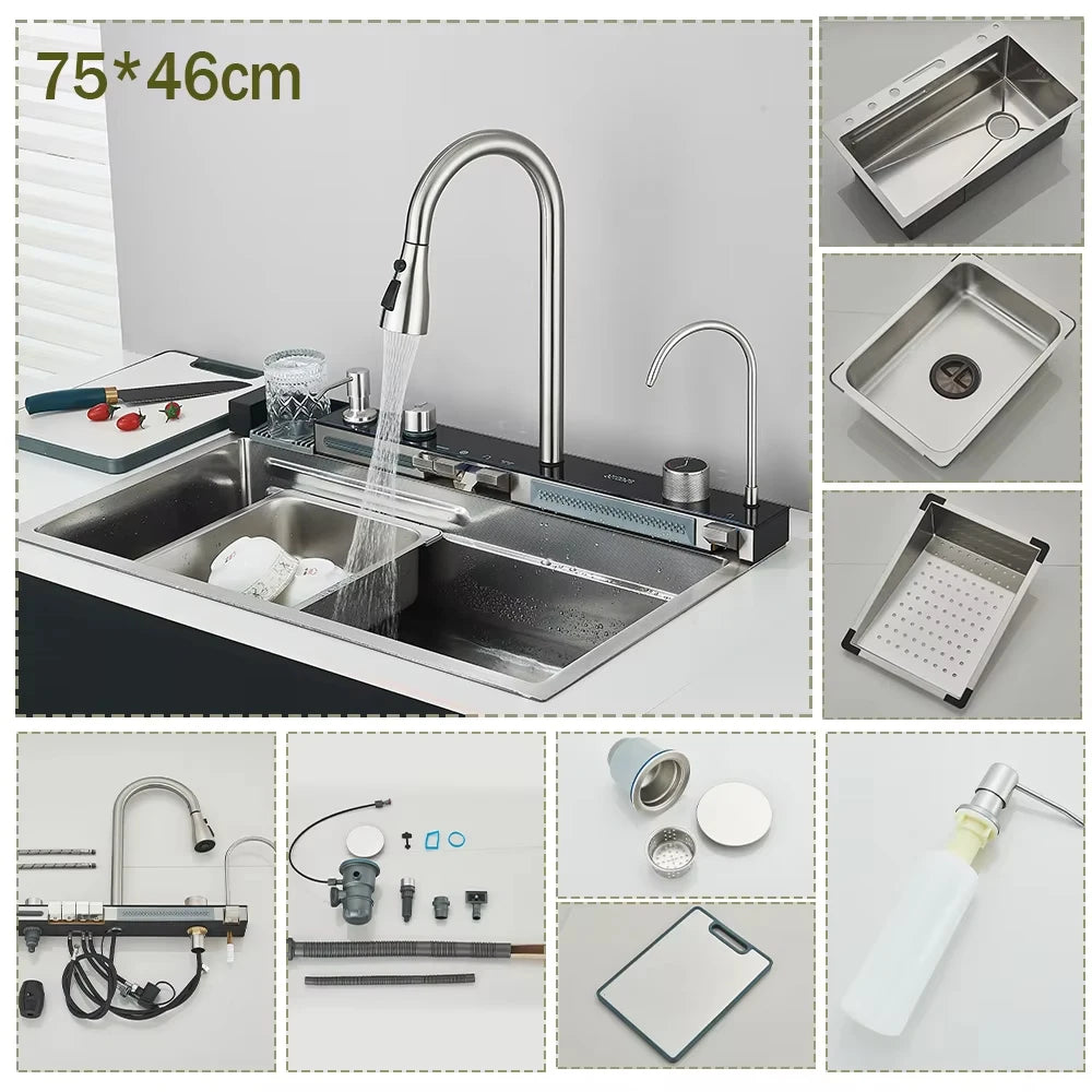 304 Stainless Steel Kitchen Waterfall Sink Digital Display Large Single Sink Dish Basin Sink With Multifunction Touch Waterfall