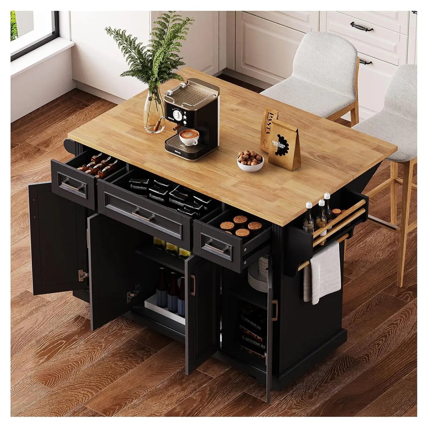 53" Rolling Kitchen Island, Drop Leaf & Power Outlet, 3 Drawers & 2 Cabinets, Mobile Kitchen Cart on 5 Lockable Wheels,, Custom